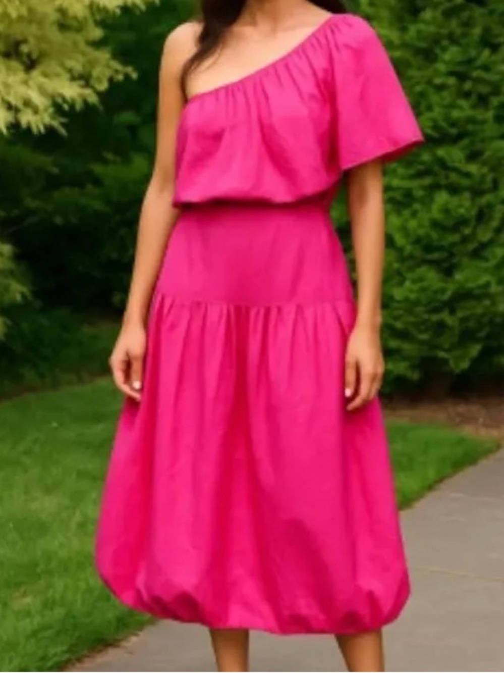 ZARA Fuchsia Pink Voluminous Asymmetric One Shoulder Cotton Bubble Dress